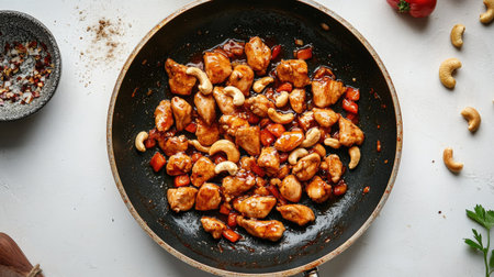 A sizzling pan of stir-fried chicken breast with cashew nuts, shown mid-cook, with sauce bubbling, placed on a white surfaceの素材