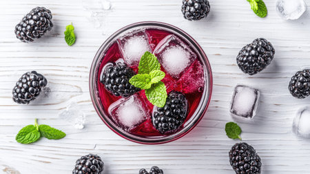 A top-down view of a glass jar filled with blackberry and mint-infused detox water, with ice cubes floating, placed on a white wooden tableの素材