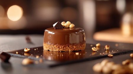 Artisanal hazelnut praline mousse cake with smooth, glossy glaze and a crunchy base, decorated with chocolate and hazelnut piecesの素材