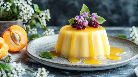 Close-up of vegan apricot cream pudding, rich fruit glaze dripping down the sides, plated for a luxurious dessert experienceの素材