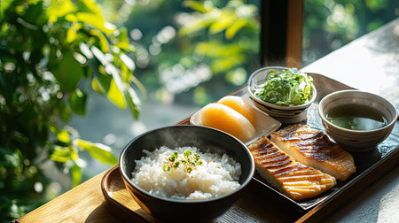 A warm morning scene with a Japanese breakfast tray holding miso soup, rice, grilled fish, tamagoyaki, and a steaming cup of green teaの素材