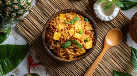 A tropical-themed food setup featuring Thai pineapple fried rice, coconut water, and a wooden serving spoon placed on a bamboo matの素材