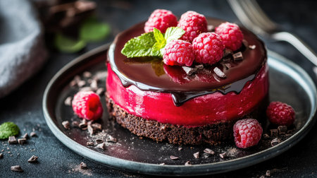 Close-up of a vibrant red petite gteau with velvety mousse layers, glossy chocolate glaze, and fresh raspberry garnish, elegant platingの素材