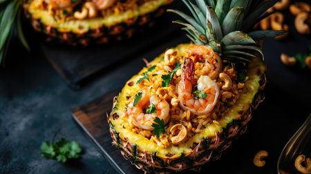 A tropical presentation of Thai pineapple fried rice, served inside a fresh pineapple boat, topped with plump shrimp and roasted cashewsの素材