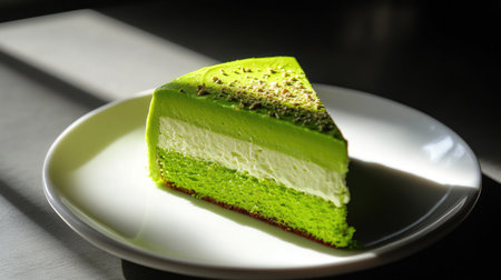 Close-up of a vibrant green matcha pistachio mousse cake, sliced and plated on a white ceramic dish, modern light and shadow playの素材