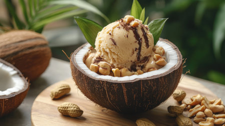 A vibrant outdoor scene with coconut milk ice cream served in a coconut shell, with fresh coconut meat and roasted peanuts on the sideの素材