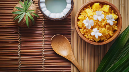 A tropical-themed food setup featuring Thai pineapple fried rice, coconut water, and a wooden serving spoon placed on a bamboo matの素材