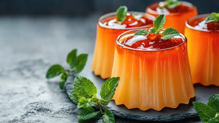 Artistic presentation of a cylindrical apricot pudding, smooth cream texture, topped with apricot jam, placed on a matte gray surfaceの素材