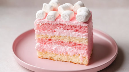 Close-up of pink marble cake with fluffy layers and gooey marshmallow topping, served on a pastel plate, elegant food photographyの素材