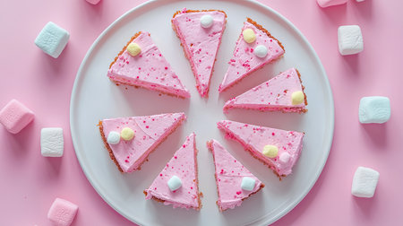 Aerial view of pink marble cake slices arranged on a white plate, decorated with pastel marshmallows, soft pink backgroundの素材