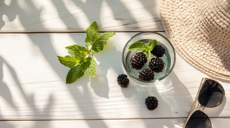 A travel-inspired refreshment scene with blackberry mint-infused water, a sunhat, and sunglasses placed on a white wooden beach tableの素材