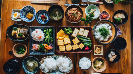 A vibrant morning spread with Japanese breakfast dishes placed on a wooden table, featuring pickled vegetables, tofu, rice, and miso soupの素材