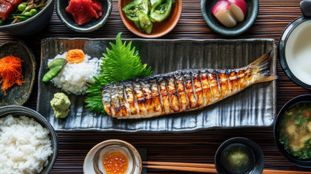 A top-down view of a traditional Japanese meal with mentaiko, grilled fish, rice, and miso soup, arranged on a tatami matの素材
