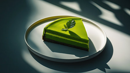 Close-up of a vibrant green matcha pistachio mousse cake, sliced and plated on a white ceramic dish, modern light and shadow playの素材