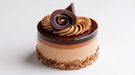 Artistic food styling featuring a hazelnut mousse cake with a mirror glaze, chocolate swirl garnish, and crunchy praline baseの素材