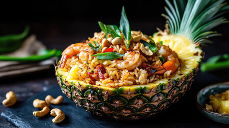 A tropical presentation of Thai pineapple fried rice, served inside a fresh pineapple boat, topped with plump shrimp and roasted cashewsの素材