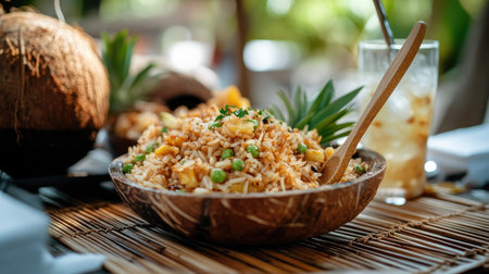 A tropical-themed food setup featuring Thai pineapple fried rice, coconut water, and a wooden serving spoon placed on a bamboo matの素材