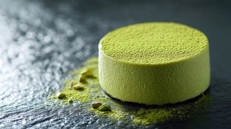 Aesthetic green tea matcha and pistachio mousse cake with a smooth surface, natural sunlight creating depth through hard-edged shadowsの素材