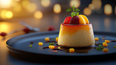 Cylindrical apricot pudding with a velvety texture, fresh fruit garnish, and soft, moody lighting, plated on a sleek, modern dishの素材