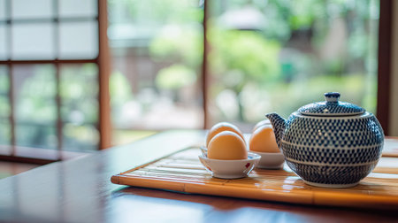 Cozy home breakfast setup featuring tamago kake gohan, a teapot, and a Japanese garden view through a shoji screenの素材