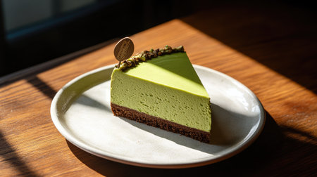 Elegant matcha pistachio raw mousse cake with smooth texture, placed on a modern white plate, strong sunlight casting hard shadowsの素材