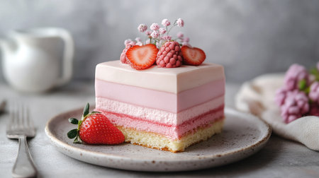 Delicate pink entremet cake with layers of strawberry mousse, sponge cake, and white chocolate glaze, plated on a chic modern dishの素材