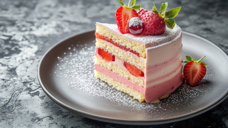 Delicate pink entremet cake with layers of strawberry mousse, sponge cake, and white chocolate glaze, plated on a chic modern dishの素材
