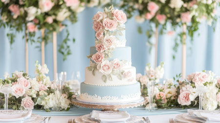 Elegant pastel blue and white wedding cake with handcrafted sugar roses, styled on a luxurious banquet table with floral centerpiecesの素材