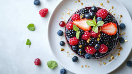 Elegant petite gteau with a glossy mirror glaze, topped with fresh berries and edible gold flakes, served on a minimalist white plateの素材