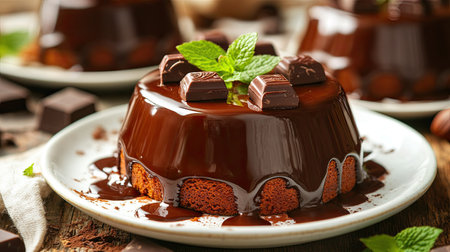 Elegant individual hazelnut mousse cake with a deep brown glaze, topped with delicate chocolate leaves, plated on a white ceramic dishの素材