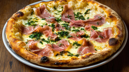 Hot and crispy pizza prosciutto with bubbling cheese and golden crust, served fresh from a glowing wood-fired oven with brick details.の素材