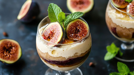 Fresh fig parfait with creamy layers, garnished with a mint sprig and a drizzle of honey, served in a modern clear dessert glass.の素材