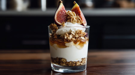 Fresh fig parfait layered with whipped cream, granola, and honey drizzle, captured in natural light for a warm, inviting dessert scene.の素材
