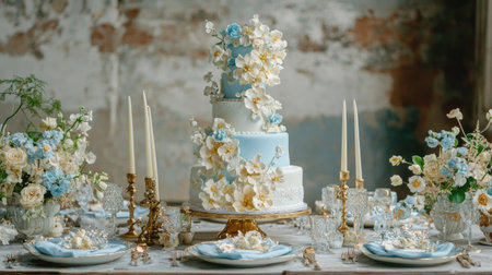 Exquisite blue and white wedding cake with detailed sugar flowers, beautifully displayed on a table with vintage-inspired decorの素材