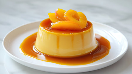 Elegant vegan apricot cream pudding with a smooth cylindrical shape, topped with glossy apricot slices, plated on a white dish, light gray backgroundの素材