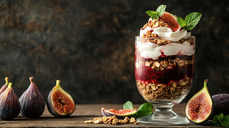 Parfait dessert with layers of figs, whipped cream, and granola in a glass, styled with a rustic wooden table and fresh figs on the side.の素材