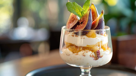 Fresh fig parfait with creamy layers, garnished with a mint sprig and a drizzle of honey, served in a modern clear dessert glass.の素材