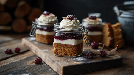 Latvian layered rye bread dessert in glass jars, topped with cowberry jam and whipped cream, placed on a rustic wooden board with scattered berries.の素材