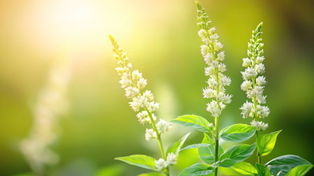 Fresh Thai holy basil leaves on the plant, their aromatic properties perfect for adding depth to traditional Thai dishes.の素材
