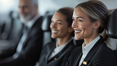 Friendly flight attendant sitting next to a passenger, offering professional service and ensuring his comfort during an international flight.の素材