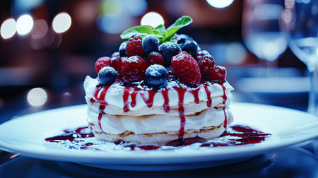 Pavlova-style meringue dessert with a crisp shell and creamy filling, adorned with assorted fresh berries and a drizzle of berry sauce.の素材