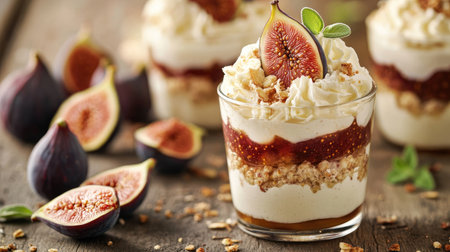 Parfait in a glass with fig slices, creamy layers, and a honey drizzle, captured in warm lighting with scattered fresh figs nearby.の素材
