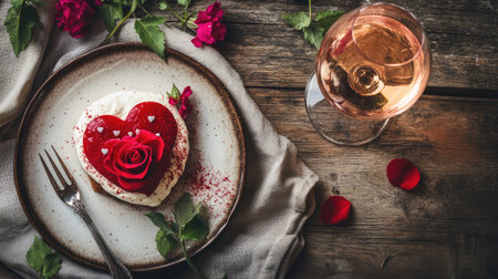 Heart-shaped red rose dessert paired with a glass of chilled ros wine, styled on a rustic wooden table with scattered flowers.の素材