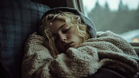 Peaceful blonde woman dozing off on an airplane seat with a blanket covering her legs, wearing a comfy hoodie during the journey.の素材