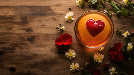 Heart-shaped red rose dessert paired with a glass of chilled ros wine, styled on a rustic wooden table with scattered flowers.の素材