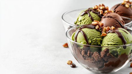 Glass bowls of creamy matcha green tea and chocolate ice cream, garnished with roasted nuts and a drizzle of chocolate sauce for extra indulgence.の素材