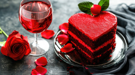 Heart-shaped red velvet cake adorned with fresh red rose petals, served alongside a rose-flavored drink in a romantic Valentine setting.の素材