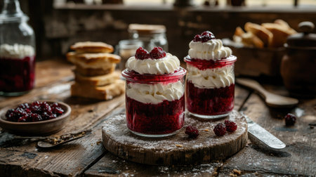 Scandinavian rye bread dessert layered with whipped cream and cowberry jam in glass jars, placed on a rustic wooden surface with copy space.の素材