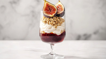Tall dessert glass filled with parfait layers of whipped cream, figs, and granola, with fig slices arranged beautifully on top.の素材
