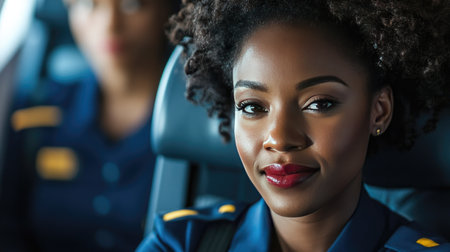 Professional flight attendant listening attentively to a passenger's question, maintaining a polite and approachable demeanor mid-flight.の素材